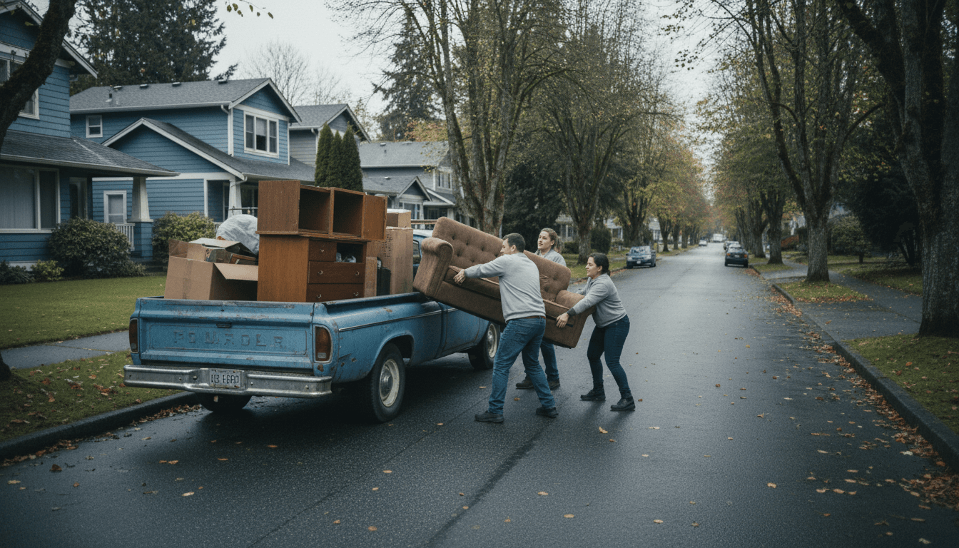 Junk removal truck loaded with furniture on a residential street
