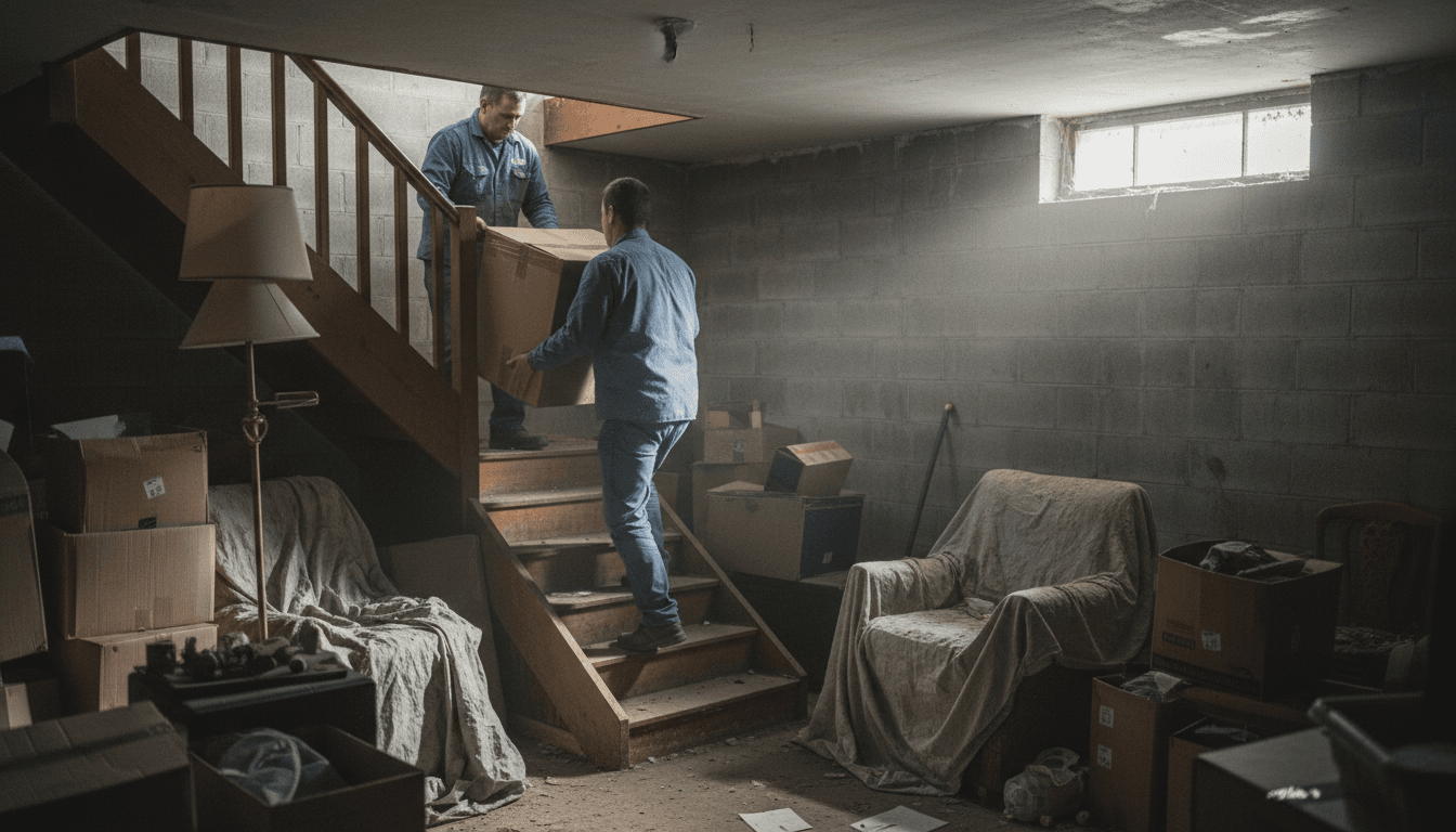 Two movers carrying a box out of a cluttered basement