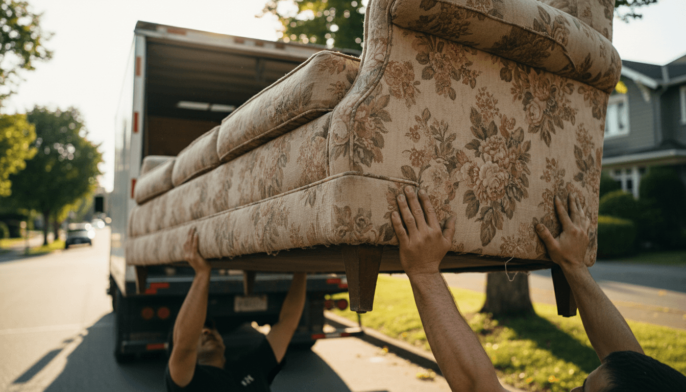 Two people carrying a couch to a truck