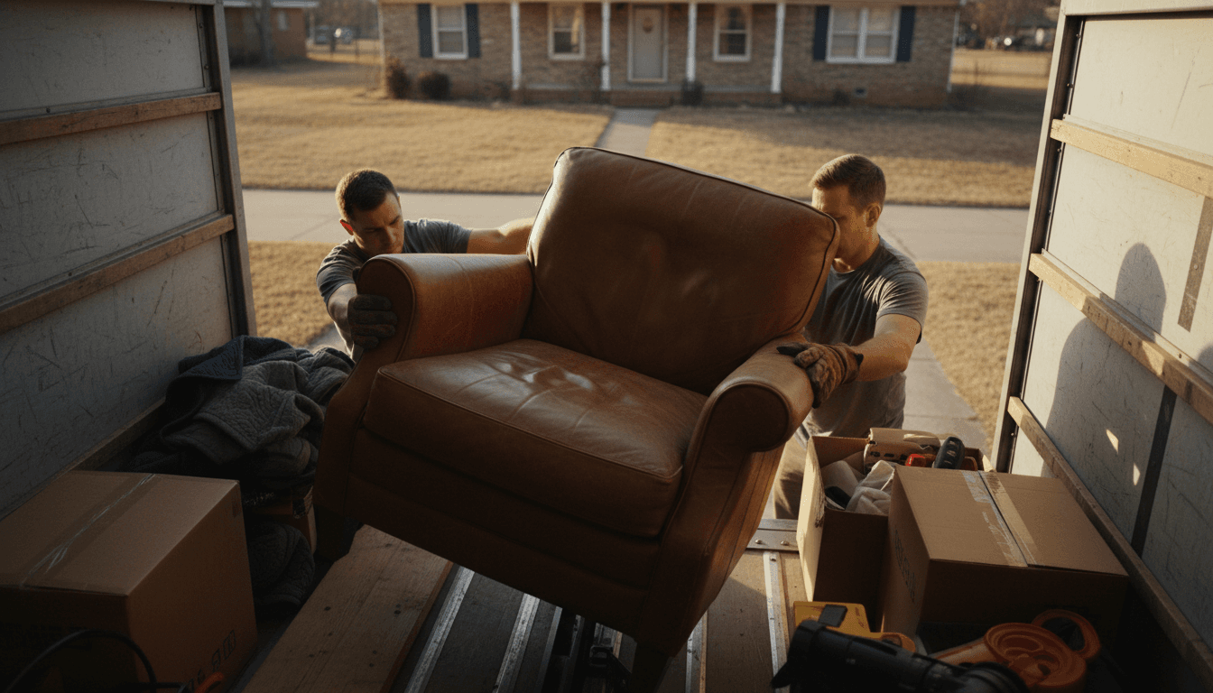 Two-person junk removal crew loading a blue truck with an old sofa on a residential street in Surrey