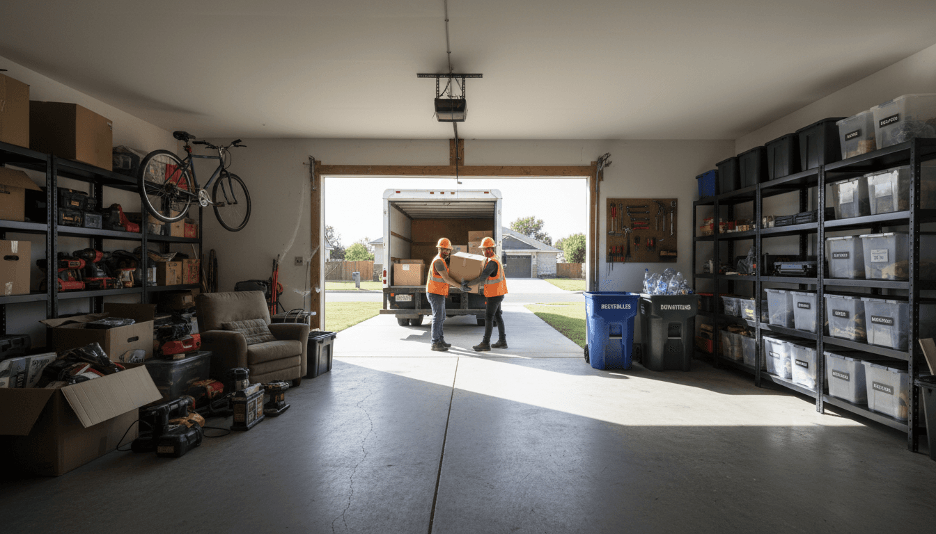 Garage transformation showing cluttered before state transitioning to organized after state with removal workers and truck