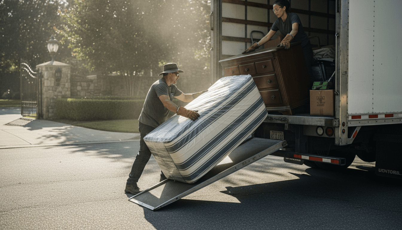 Two workers carrying an old sofa out of a garage for junk removal
