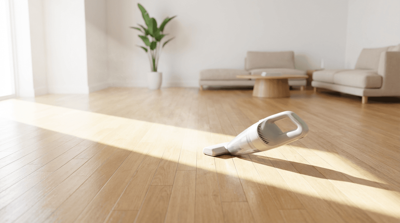 Empty living room with clean hardwood floors and a clear walkway